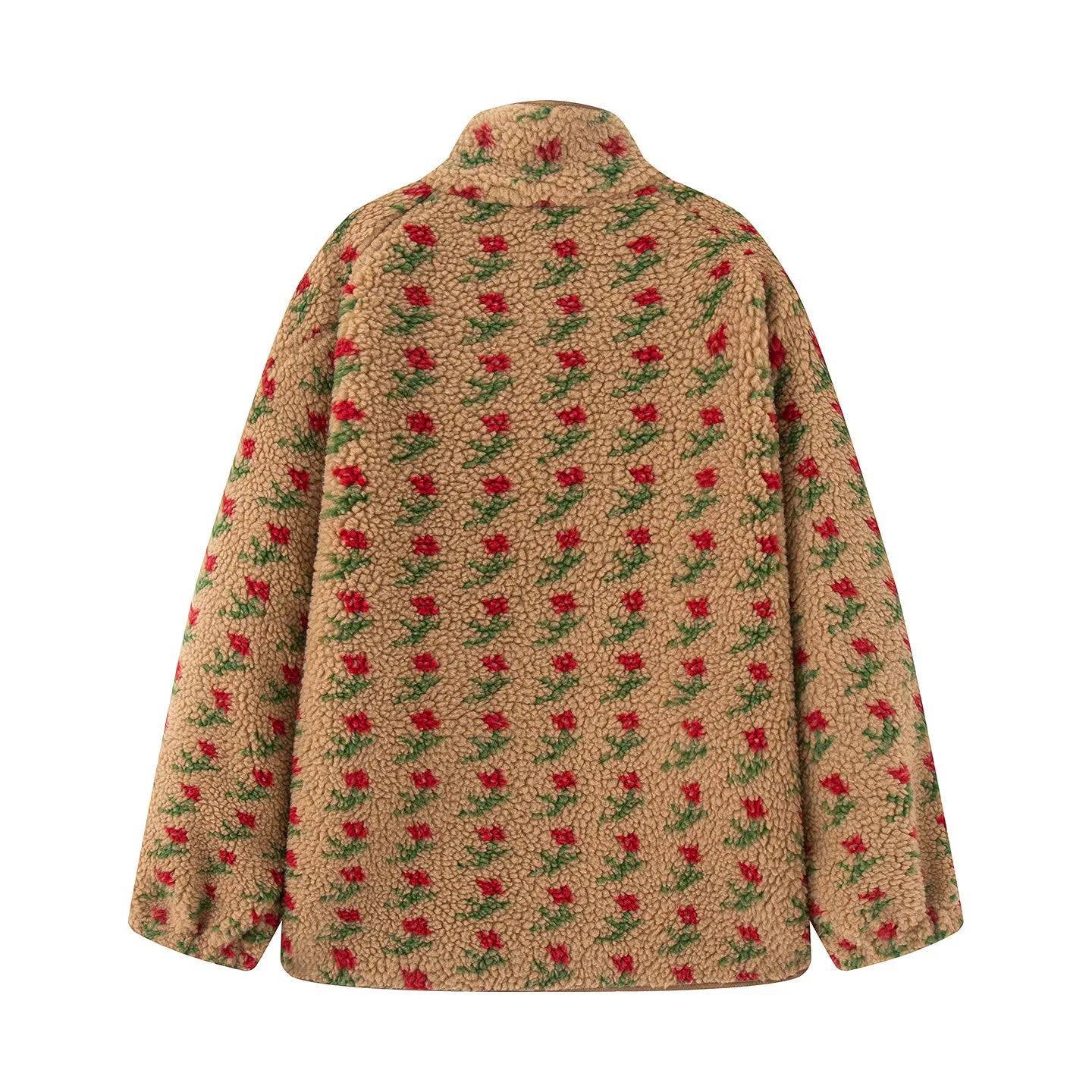 Rosa Clothing - Wholesale Jacket - Women's - Vintage Boho Tulip Floral Print Sherpa Fleece Jacket2