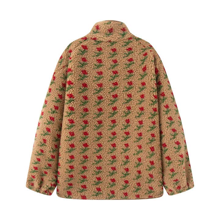 Rosa Clothing - Wholesale Jacket - Women's - Vintage Boho Tulip Floral Print Sherpa Fleece Jacket2