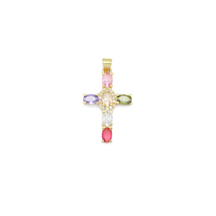 BestBeads&Beyond - Wholesale Individual Charm/Pendant - Gold Colorful Oval CZ Cross Charm Pendant, Sku#LD640