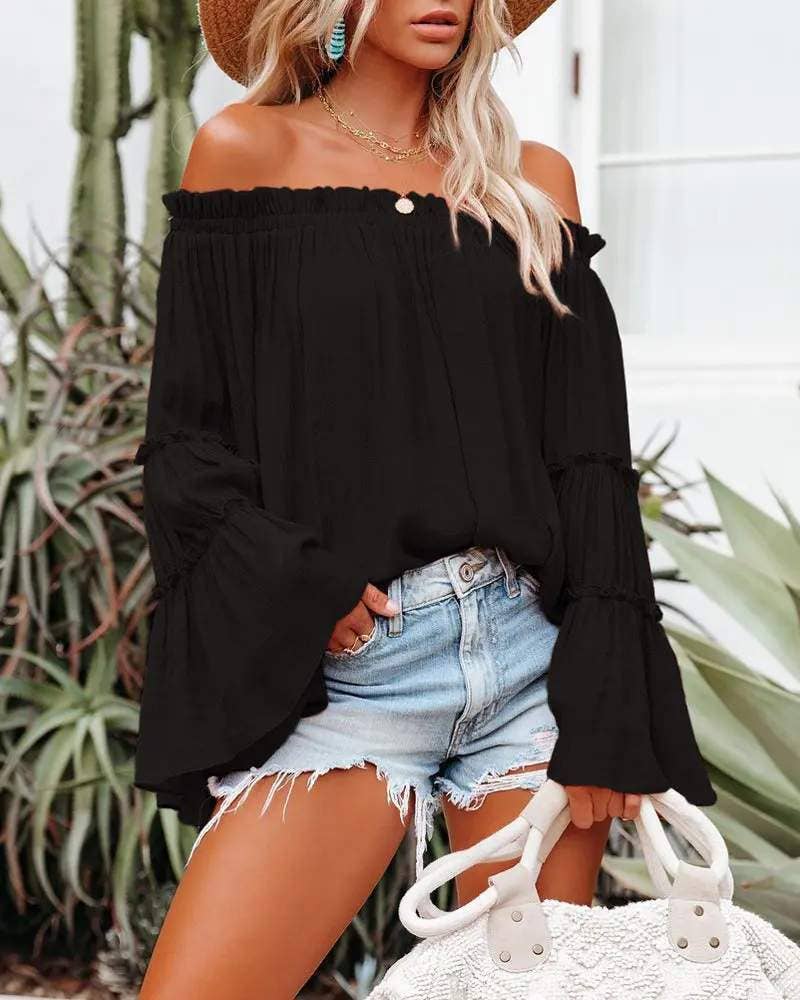 Fashion Combination - Wholesale Blouse - Women's - frill hem off shoulder bell sleeve top31