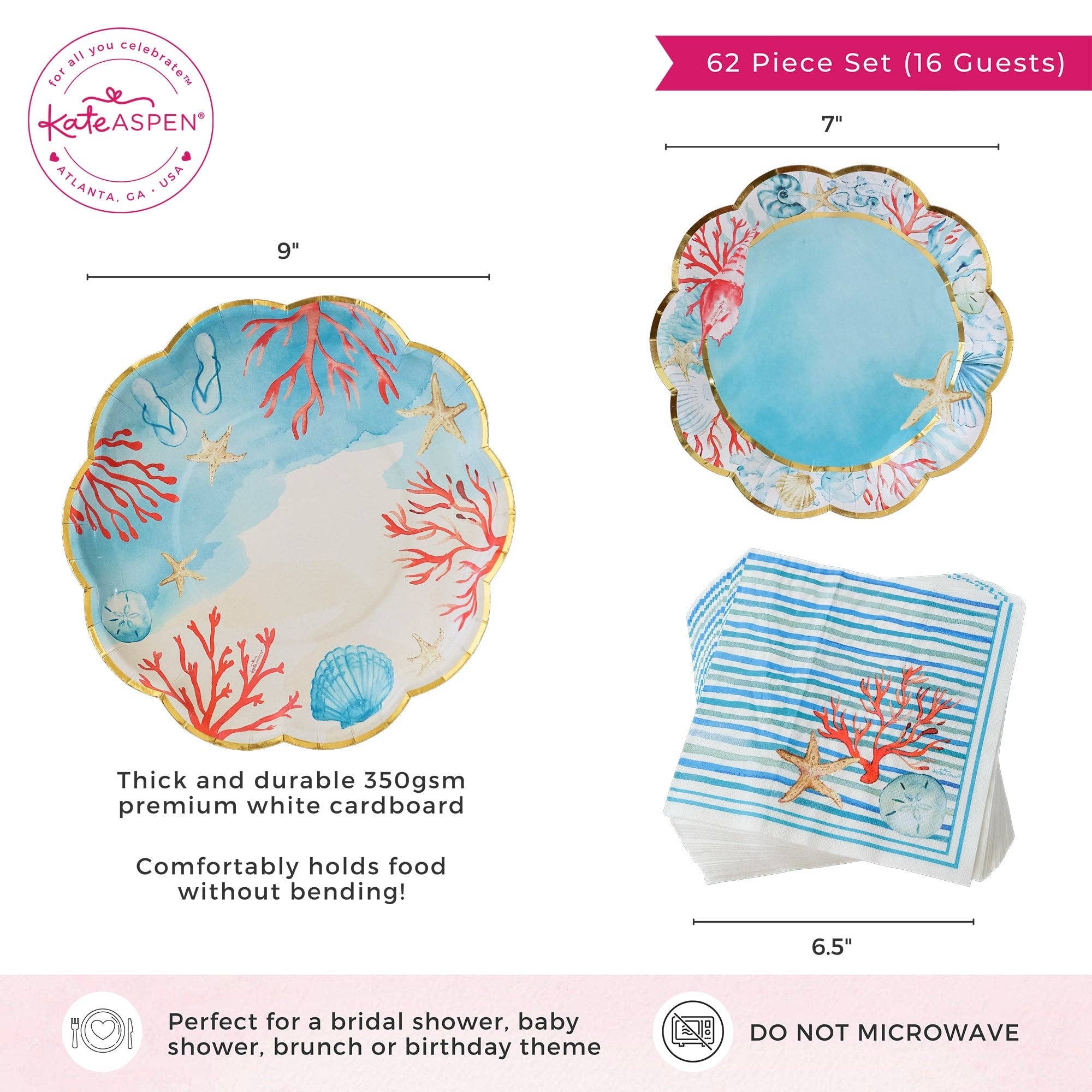 Kate Aspen - Wholesale Disposable Plate - Beach Party Tableware Set - 7” Plate (set of 16), 9” Plate (set of 16), and Napkin (set of 30)5
