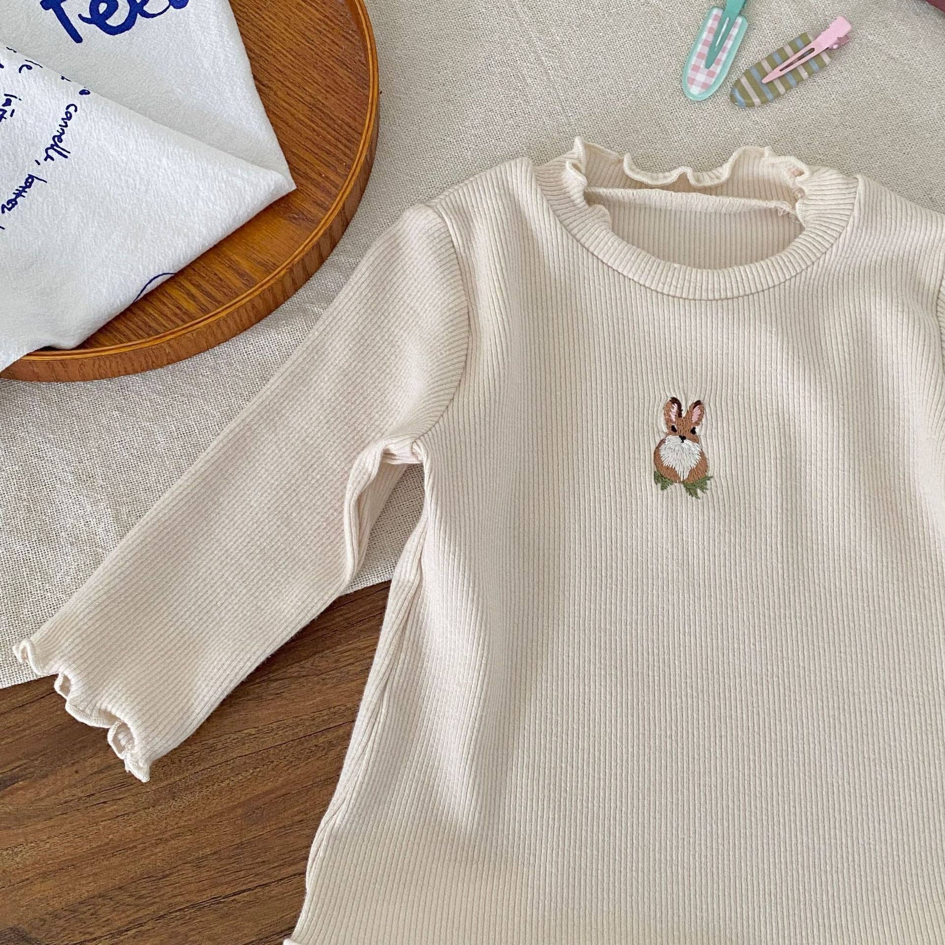 Beige Autumn Arrival Baby Girls Long Sleeves Simple Rabbit Embroidered bodysuit for wholesale on Faire3