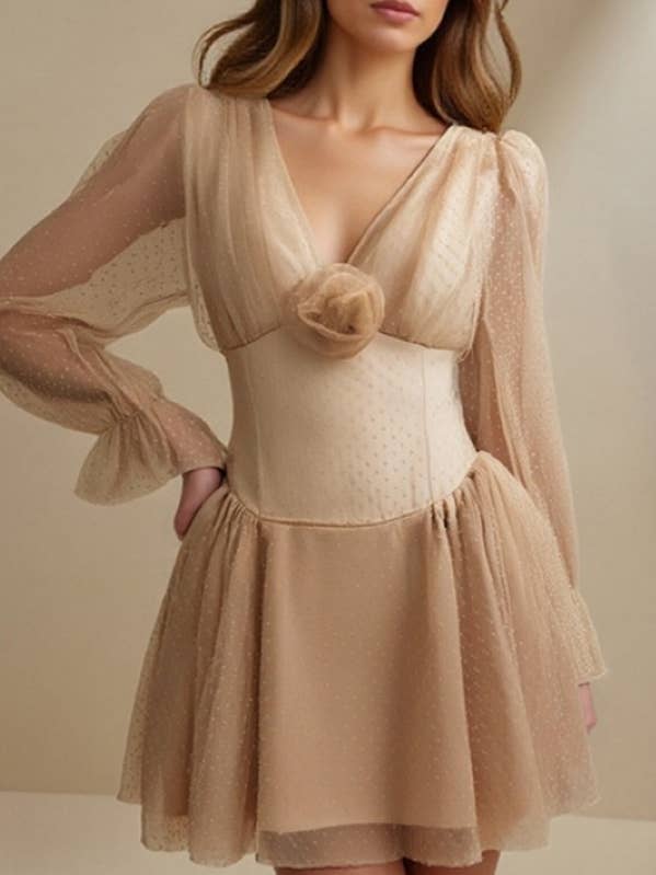 Sheer Polka Dot Mini Dress with Rose Detail for wholesale by 1 Fashion