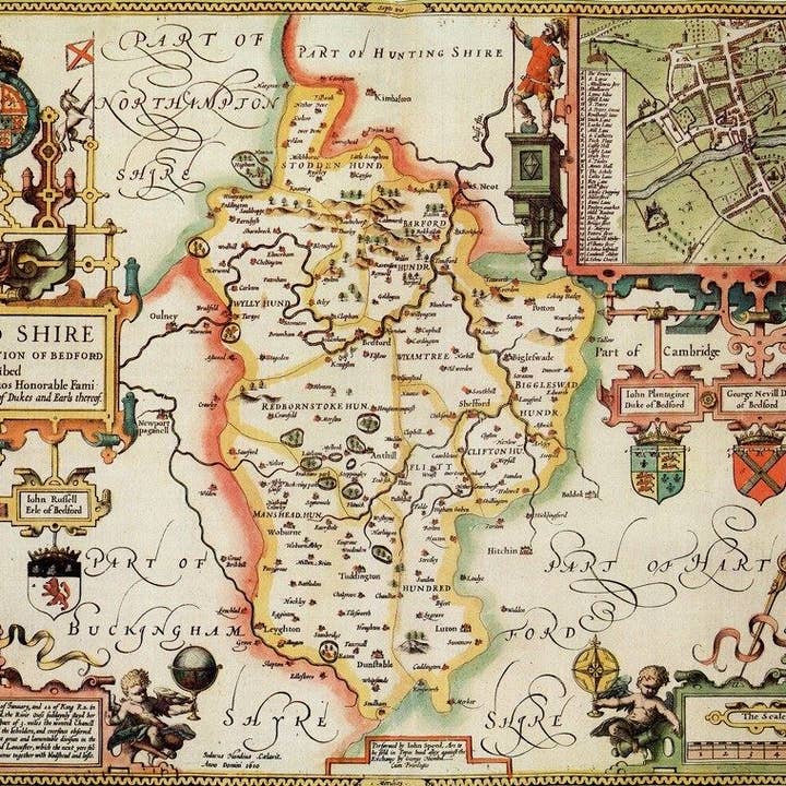 Mapa Histórico de Bedfordshire (1610) para venta al por mayor de Map Marketing Limited
