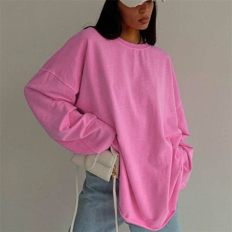CANDY PINK Solid Color Loose Round Neck Long Sleeve Tshirt for wholesale on Faire3