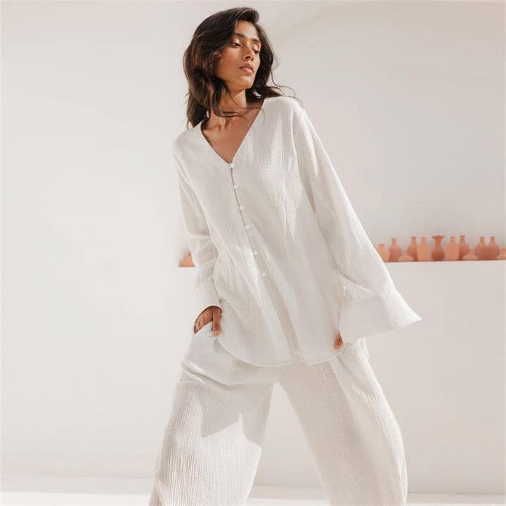 FurDecoration - Wholesale Sleepwear Set - Women's - Cotton Two-Piece Long Women's Casual and Loose Pajama Set