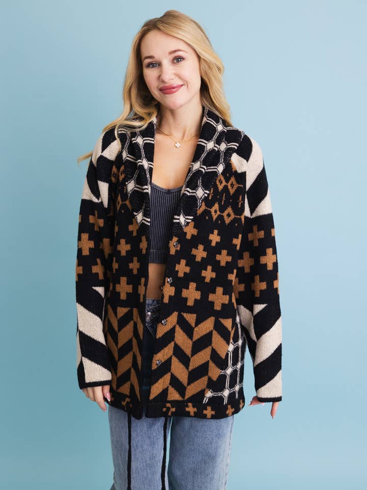 Leto Accessories - Wholesale Cardigan - Women's - Sierra Spirit Geometric Street Style Knit Cardigan5