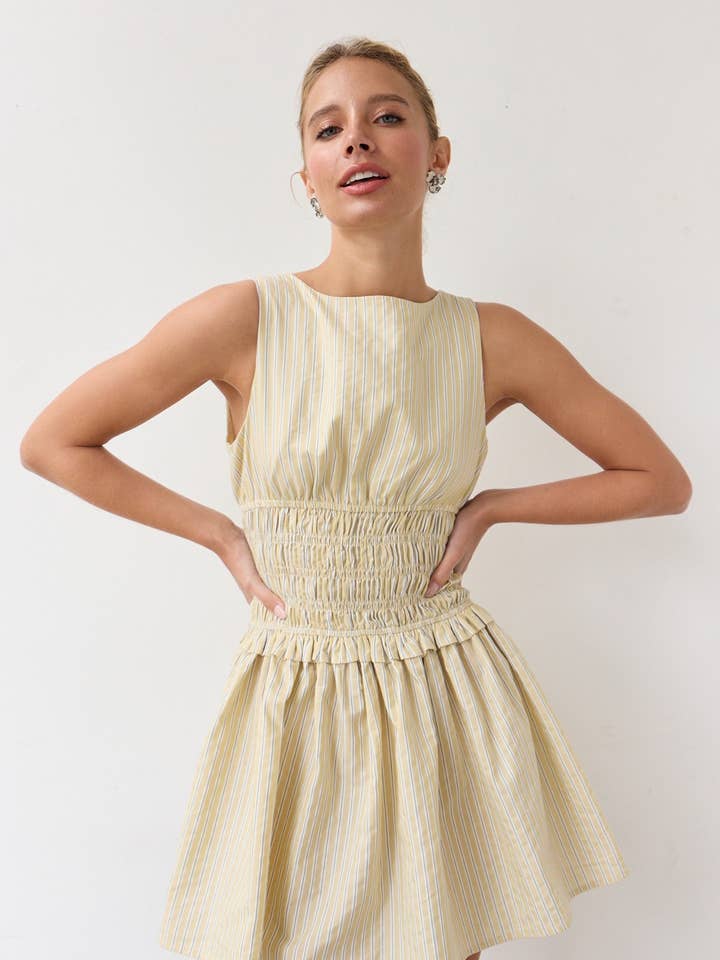 BUTTER YELLOW STRIPE Classic Pinstripe Mini Dress - RD1174 for wholesale on Faire