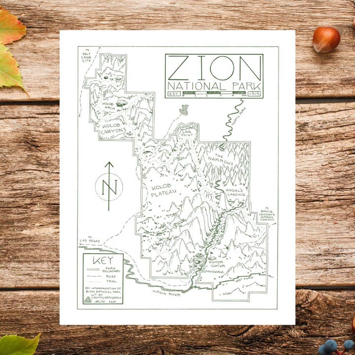 Zion National Park Map - Hand-Drawn for wholesale by National Park Obsessed LLC