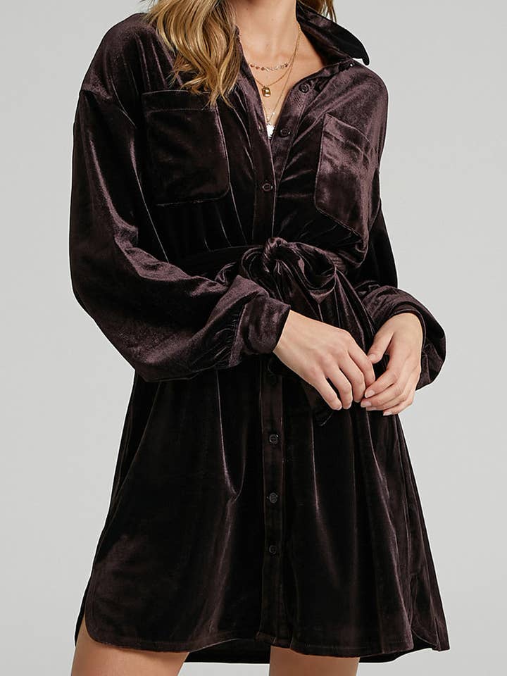 DE VAVE - Wholesale Dress - Women's - Velvet Button-Up Shirt Dress