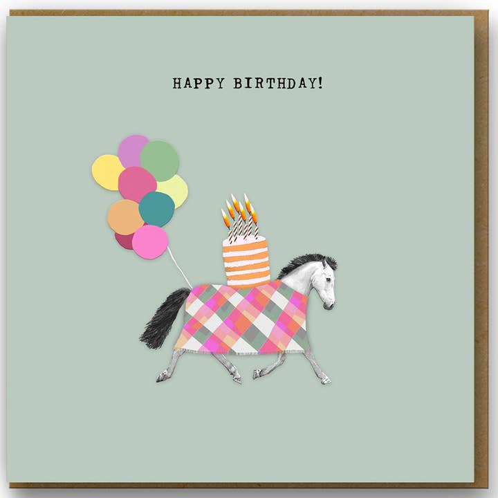 PA020... Verjaardagskaart... met paard, ballonnen en taart voor wholesale door Sally Scaffardi Design