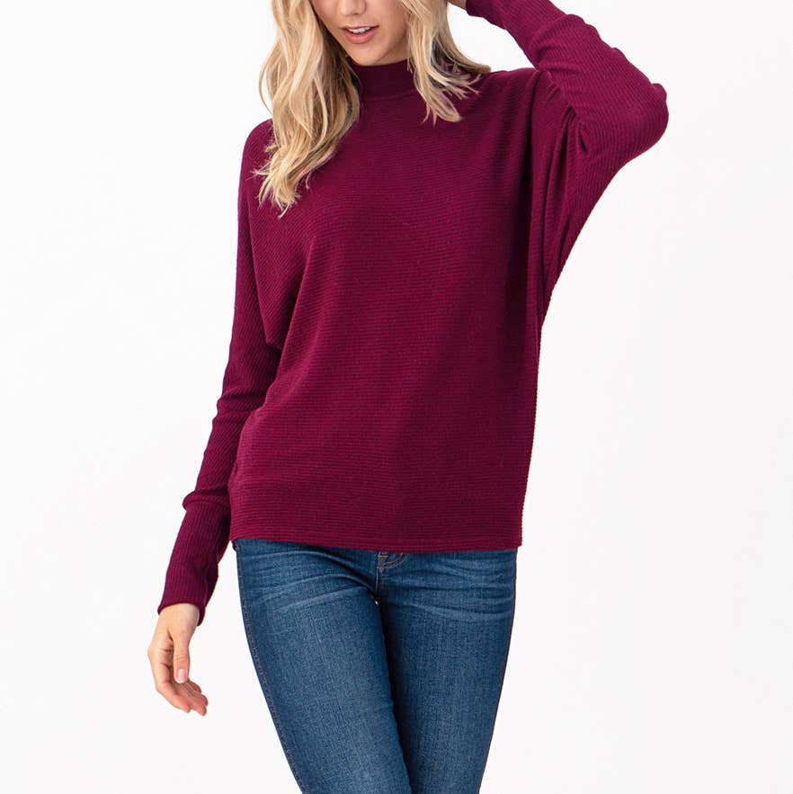 Heimious - Wholesale Knit Top - Women's - Mock Neck Long Dolman Sleeve Ribbed Knit Top, T2612
