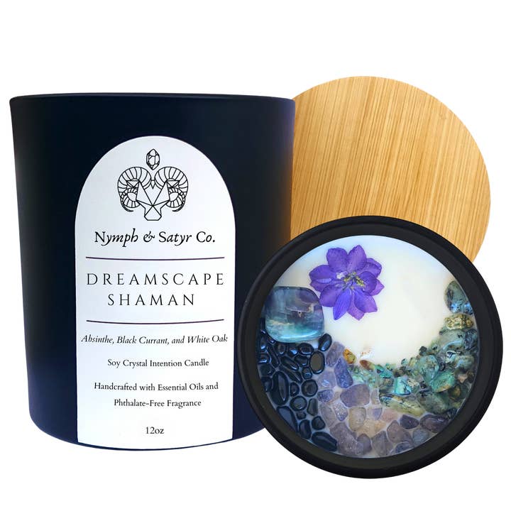 Dreamscape Shaman • 12oz Soy Crystal Candle (Black Glass) for wholesale by Nymph & Satyr Co.