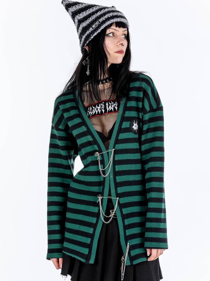 Grunge Academy Green Striped Cardigan for wholesale by Alice’s Lips