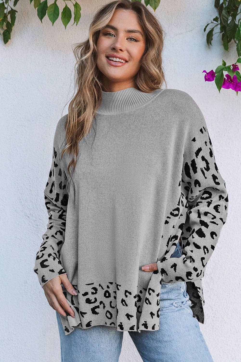 Suhkasana - Wholesale Knit Sweater - Women's - Khaki Leopard High Neck Side Slit Oversized Sweater3