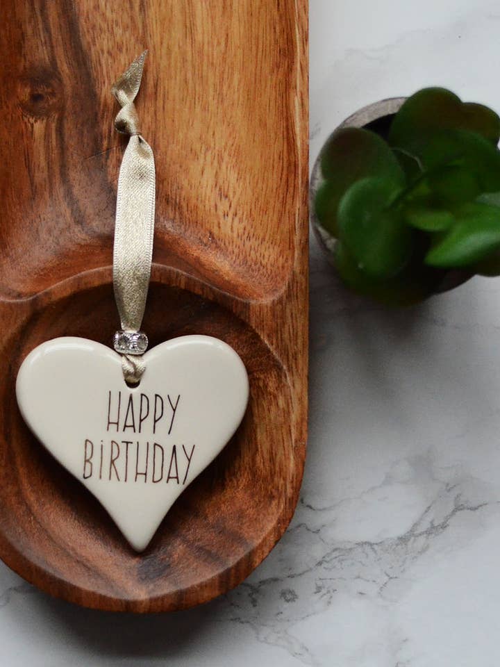 Happy Birthday Ceramic Heart for wholesale by Dimbleby Ceramics