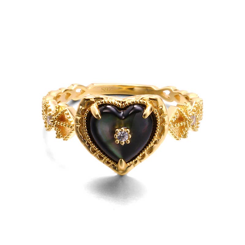 Gioiellin - S925 Silver Jewelry – Anel multi-pedra por atacado – Anel Vintage de Coração em Prata de Lei 925 com Madrepérola Preta3