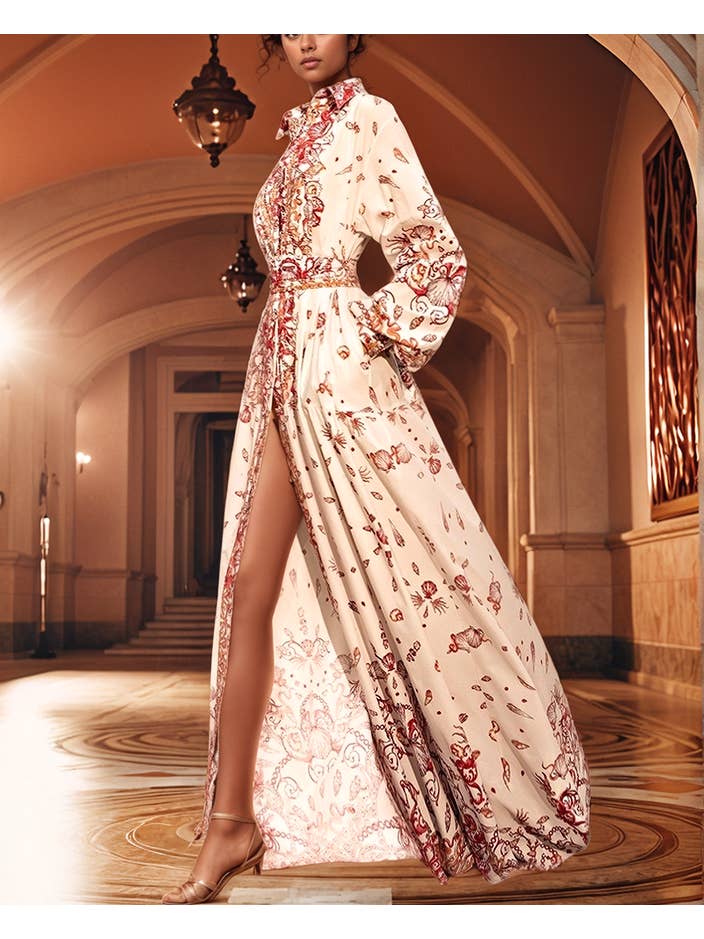 Multi Colored DR473 Floral Print Shirt Collar Long Dress for Spring/Summer for wholesale on Faire