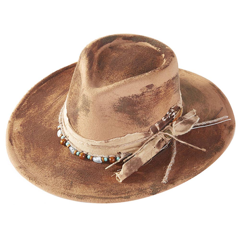 Sensibling Corp. - Wholesale Cowboy Hat - Women's - Vintage Feather Accent Distressed Fabric Bow Band Rustic Cowgirl Western Fedora Hat3