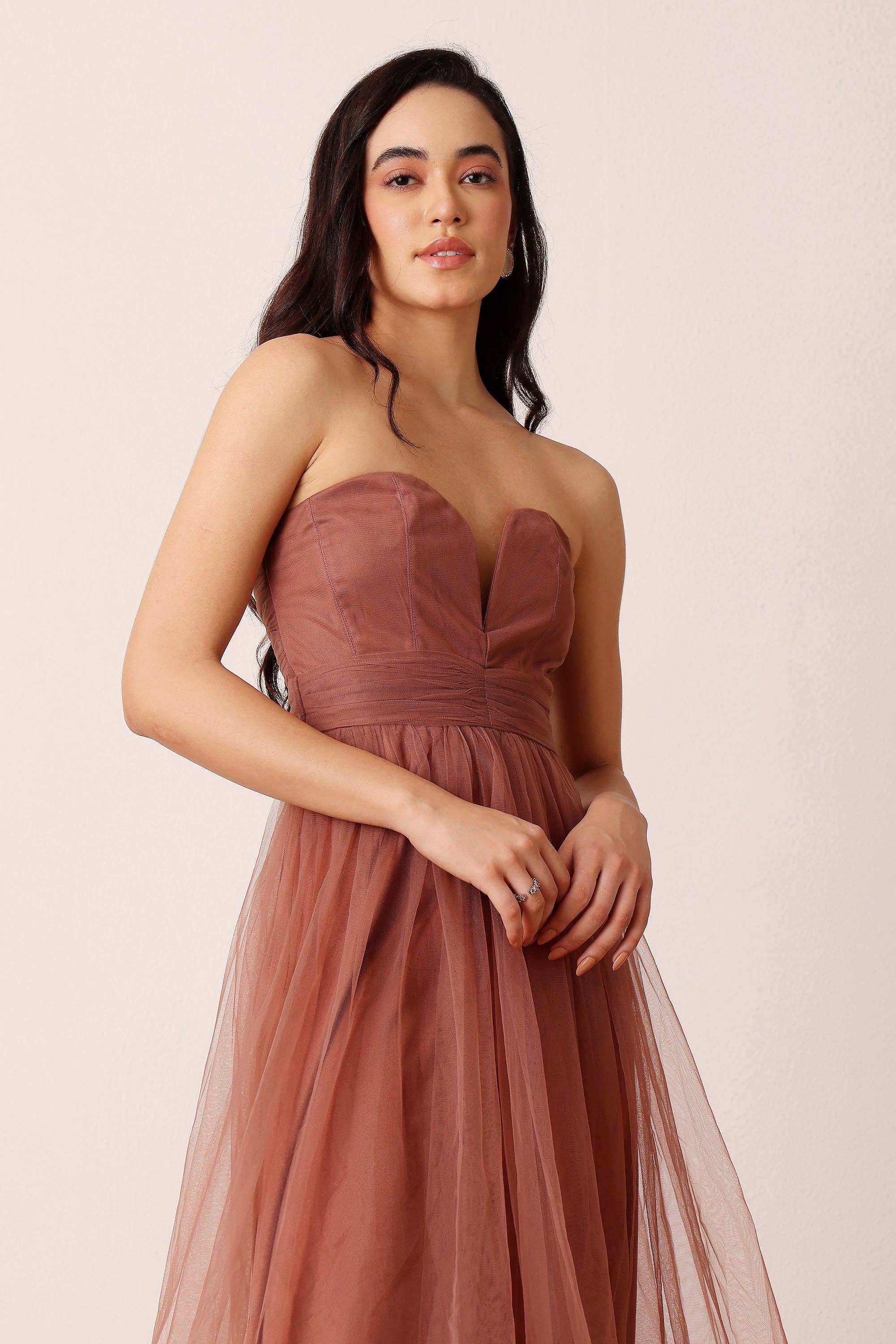 Orion Tulle Midi Dress in Rose Brown for wholesale on Faire4