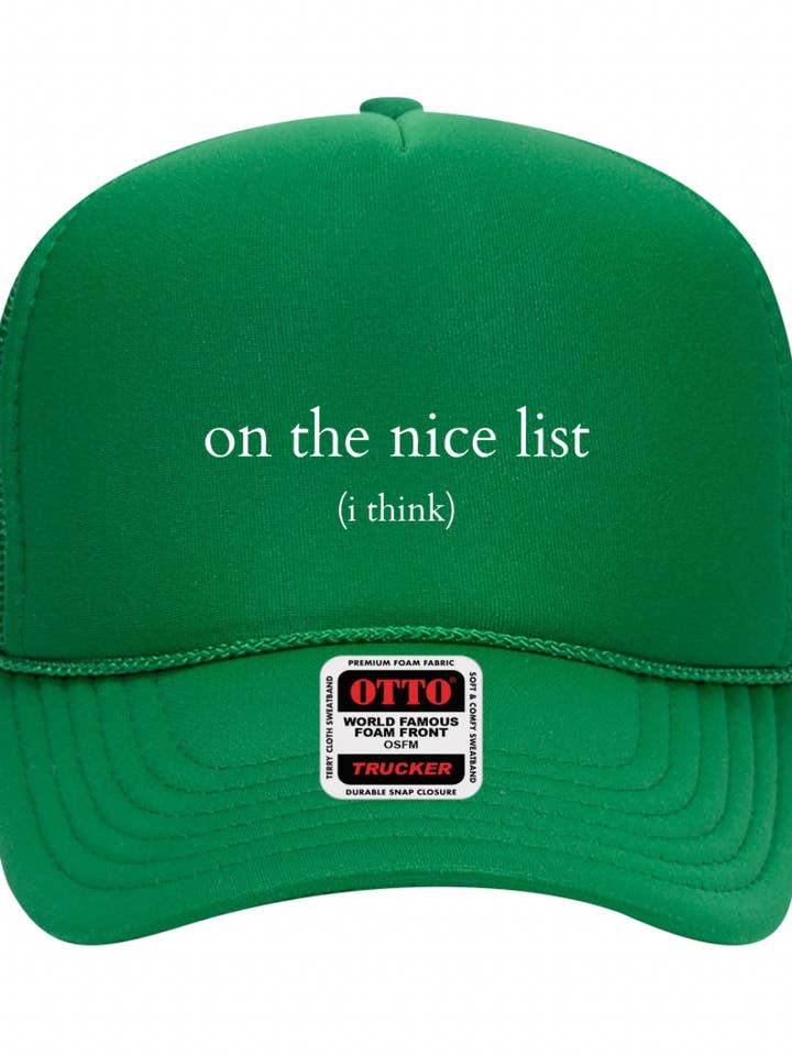 Auf der netten Liste - Grüner Vintage-Trucker-Hut mit Stickerei für den Großhandel von Morgan Mills Designs