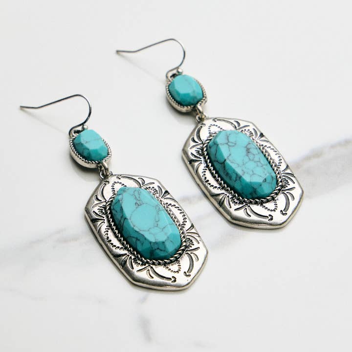 Turquoise Drop Earrings with Etched Frame for wholesale by Frem