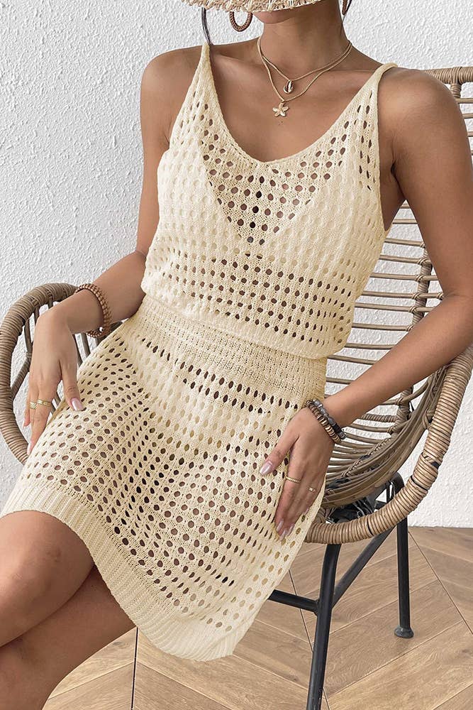 UNISHE - Wholesale Dress - Women's - Knit Waist-Tie Sleeveless Sexy Hollow-Out Beach Dress OYM1567