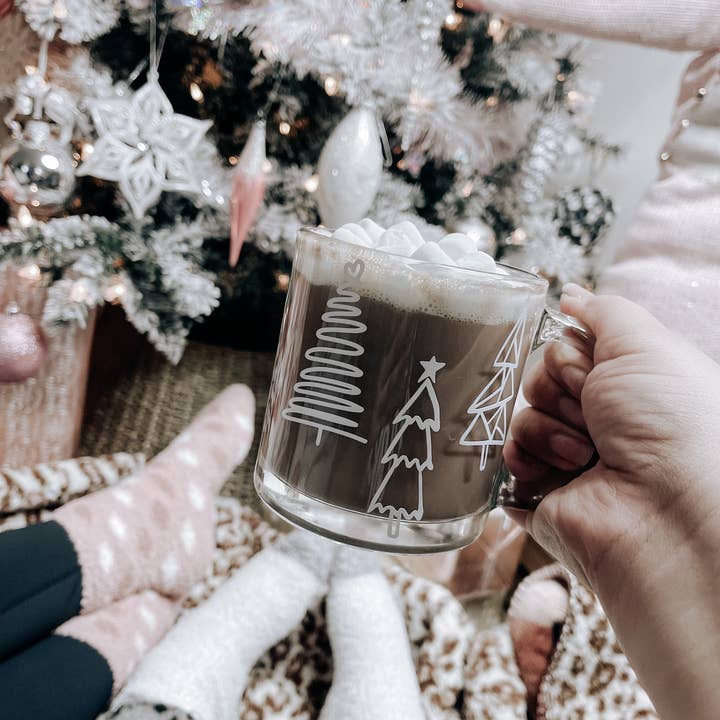 Designs by Jessi Rose - Vente Tasse à café - Tasse en verre transparent arbre de Noël, tasse en verre de vacances, arbre bohème