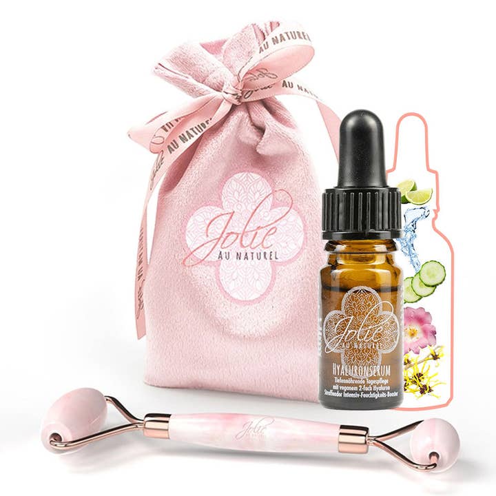 Bestseller Suero hialurónico+rodillo de cuarzo rosa en set de regalo para venta al por mayor de Jolie au Naturel