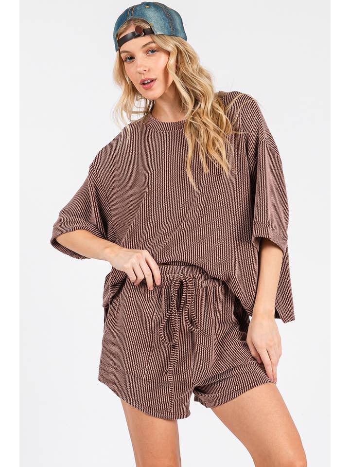 Sewn and Seen - Wholesale Lounge Set - Women's - RIBBED ROUND NECK TOP AND SHORTS SET34