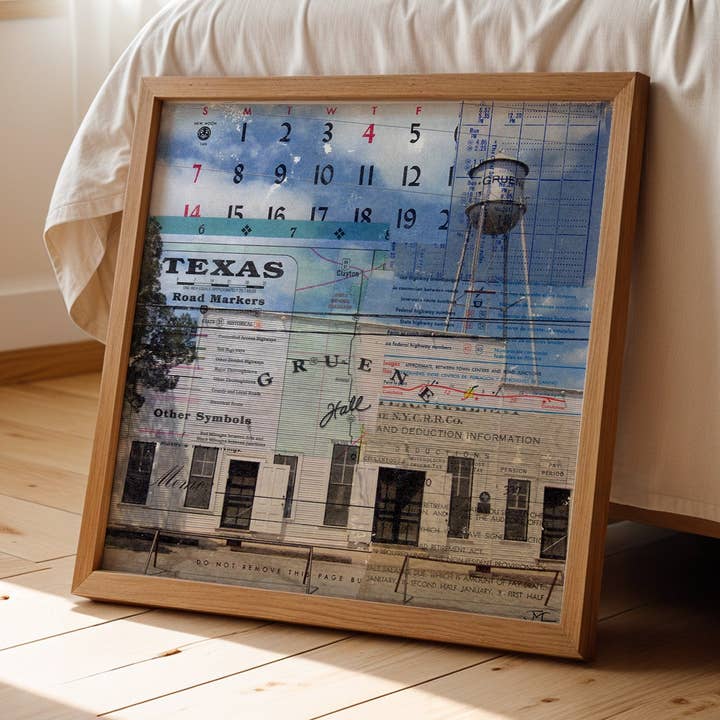 Gruene Hall Mixed Media Collage Art Print for wholesale by Tejas Country Club