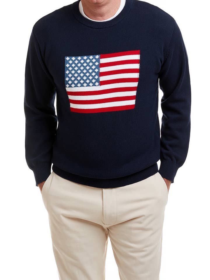 Crew Neck Sweater Navy with American Flag for wholesale by Castaway Clothing Nantucket Island