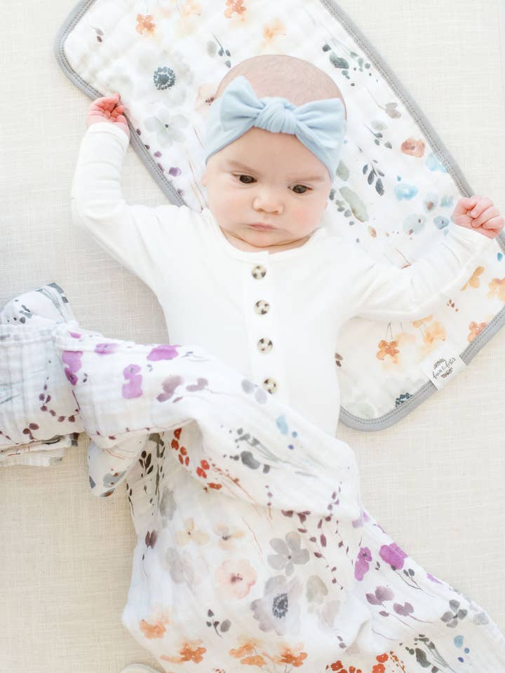 Fawn & Foster - Wholesale Swaddle - Baby - Organic Muslin Gauze Swaddle Receiving Blanket Violet Floral5
