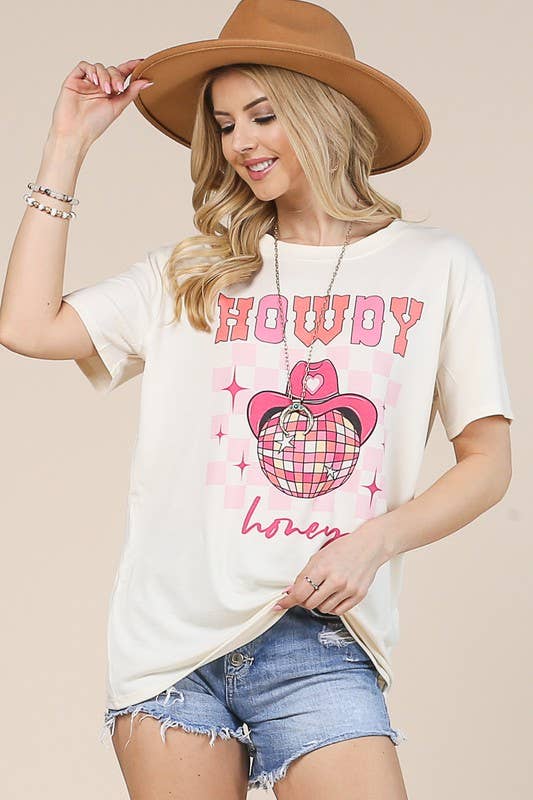 Avery - Venta al por mayor Camiseta serigrafiada - Mujer - CAMISETA DE MANGA CORTA CON ESTAMPADO HOWDY HONEY AV1205-CORINE7