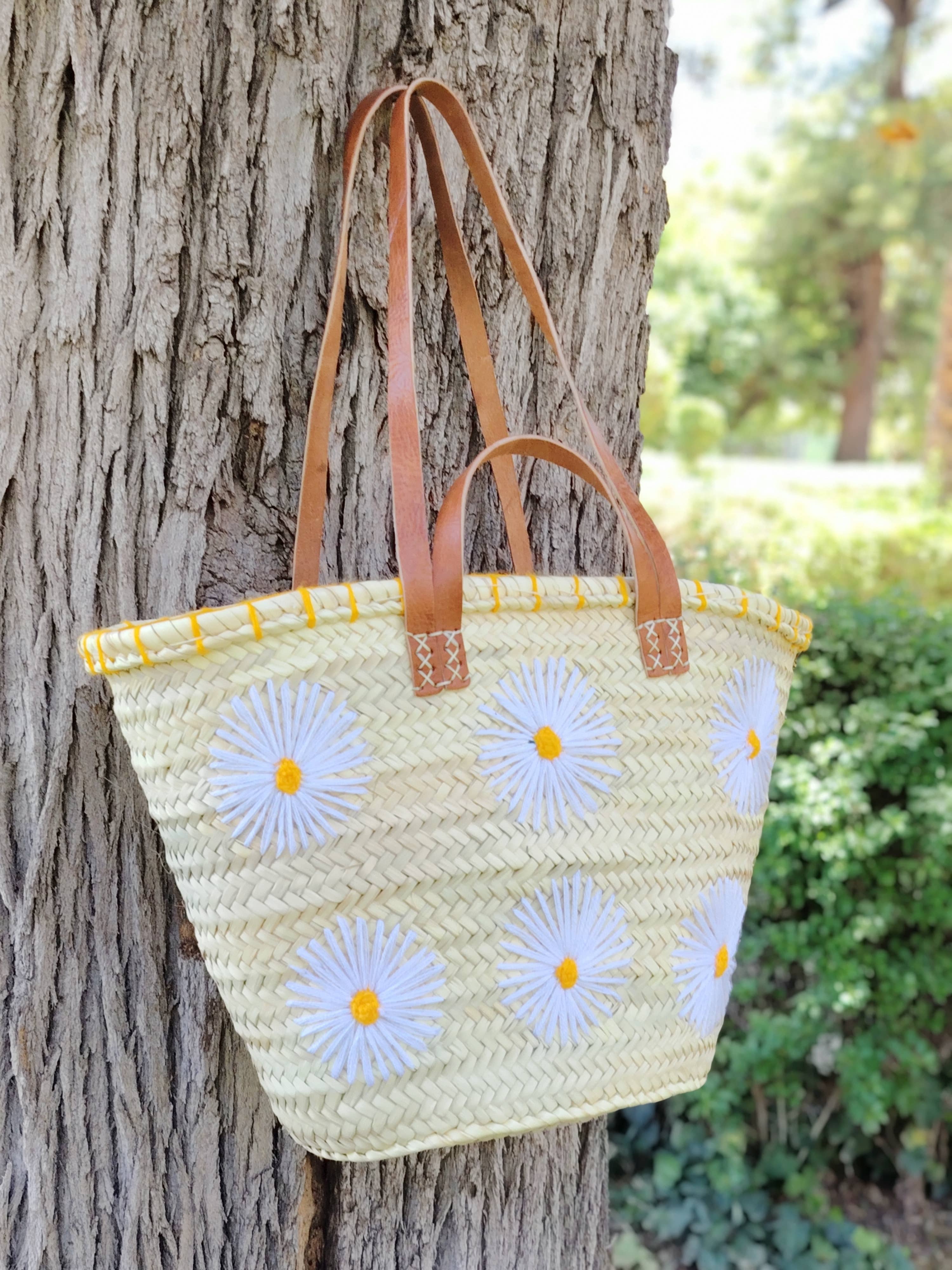 Twins Basket - Vente Sac de plage - Panier de marché en paille tressée à la main avec marguerites brodées