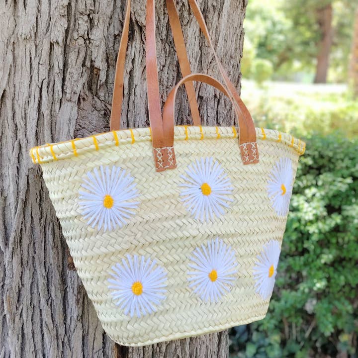 Twins Basket - Vente Sac de plage - Panier de marché en paille tressée à la main avec marguerites brodées0
