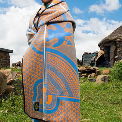Basotho Heirloom Wool Blanket Blue & Yolk With Natural Over Stripe for wholesale by Thula Tula