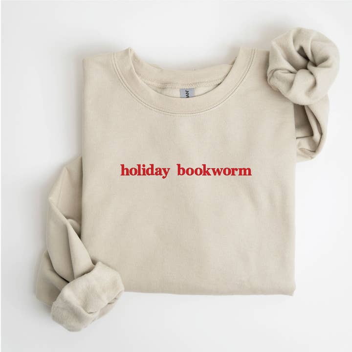 Felpa natalizia ricamata minimalist Holiday Bookworm per la vendita all'ingrosso da parte di P E T I T R U E