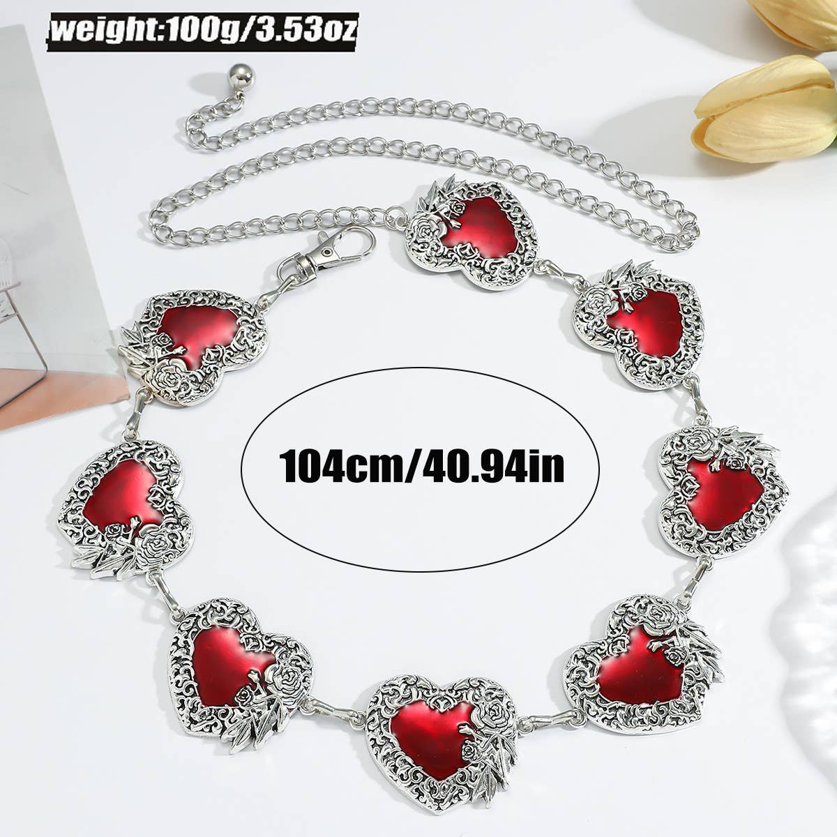 Tourtiwi - Wholesale Belt - Women's - Vintage Rose - Engraved Red Heart Inlaid Waist Chains3