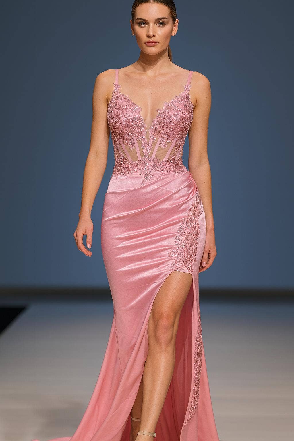 La Veneto - Wholesale Dress - Women's -  Deep v-neckline, thin straps, embellished bodice & leg slit1