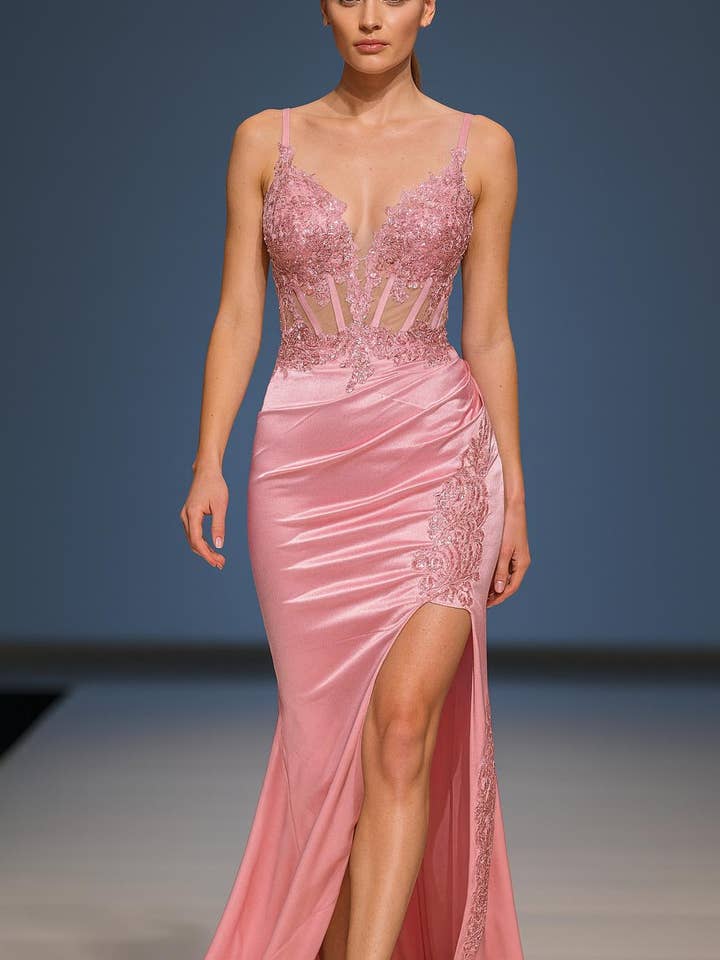 La Veneto - Wholesale Dress - Women's - Deep v-neckline, thin straps, embellished bodice & leg slit1