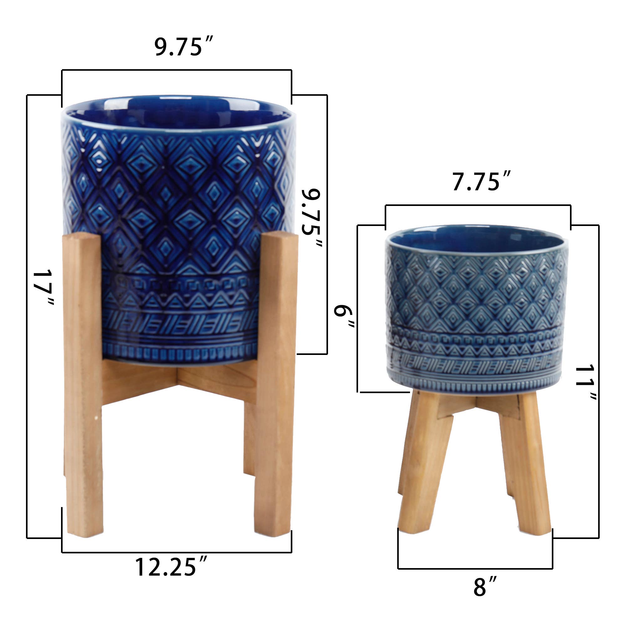 Flora Bunda Inc - Wholesale Plant Pot - Set of 2 Blue Embossed Planters with Wooden Stands – Décor1