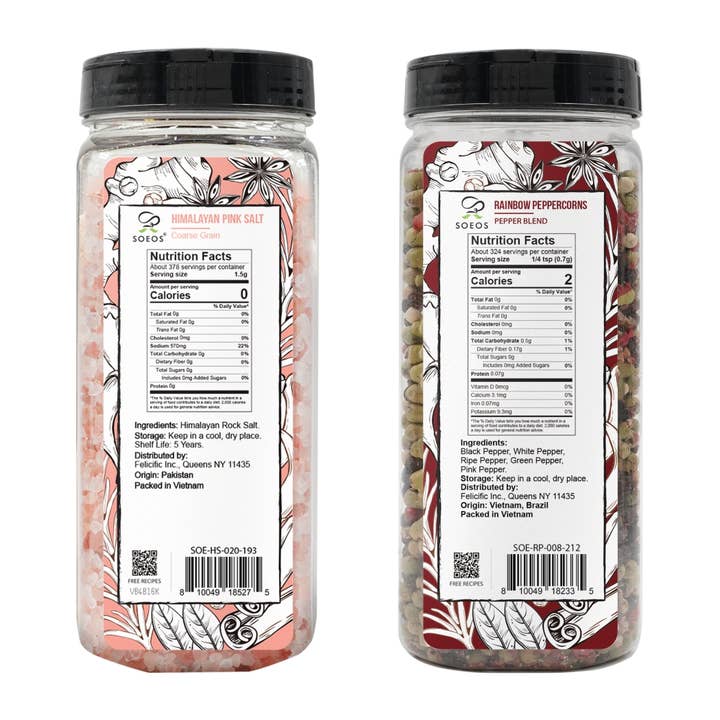 soeos - Vente Mélanges sel et poivre - Soeos Sel Rose de l'Himalaya, 18 oz + Poivre Arc-en-ciel, 8 oz1