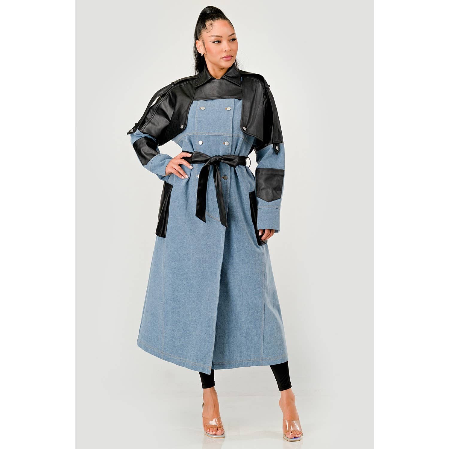 DENIM Trench-coat en denim bicolore et simili cuir en vente sur Faire0