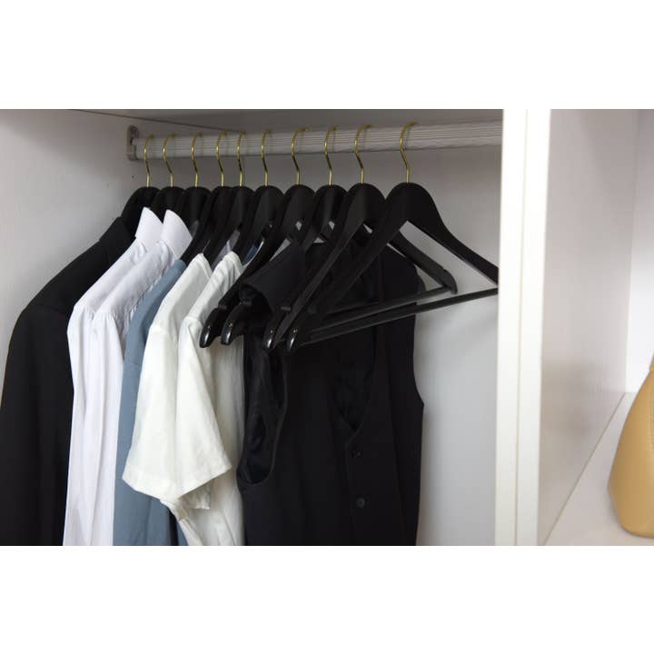 Quality Hangers - Wholesale Clothes Hangers - W070 Semi Curved Wooden Hangers, 17.5" -Black/Gold Hook - 80