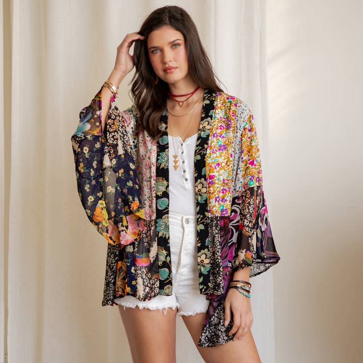 Printed Rayon Kimono Shrug with Embroidery (New Color) for wholesale by Young Threads