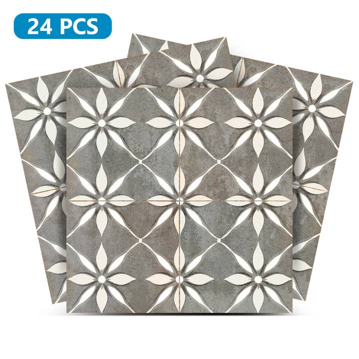 Grå Vintage Selvklæbende Flise Klistermærker Hvidt Blomstermønster Model - R207 for engroshandel hos Mi Alma LLC