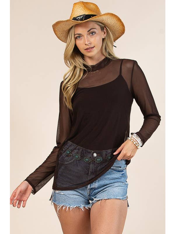 Black AV1230-GEMMA SOLID MOCK NECK MESH TOP for wholesale on Faire