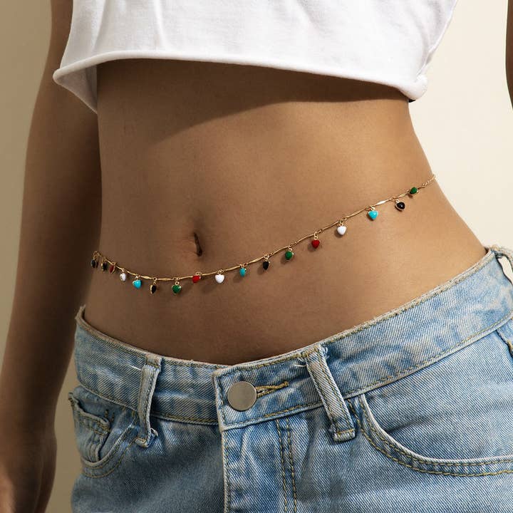 Perimade & Co. LLC - Wholesale Face/Body Chain - Boho Enamel Heart Charm Waist Belly Chain in Solid Copper3