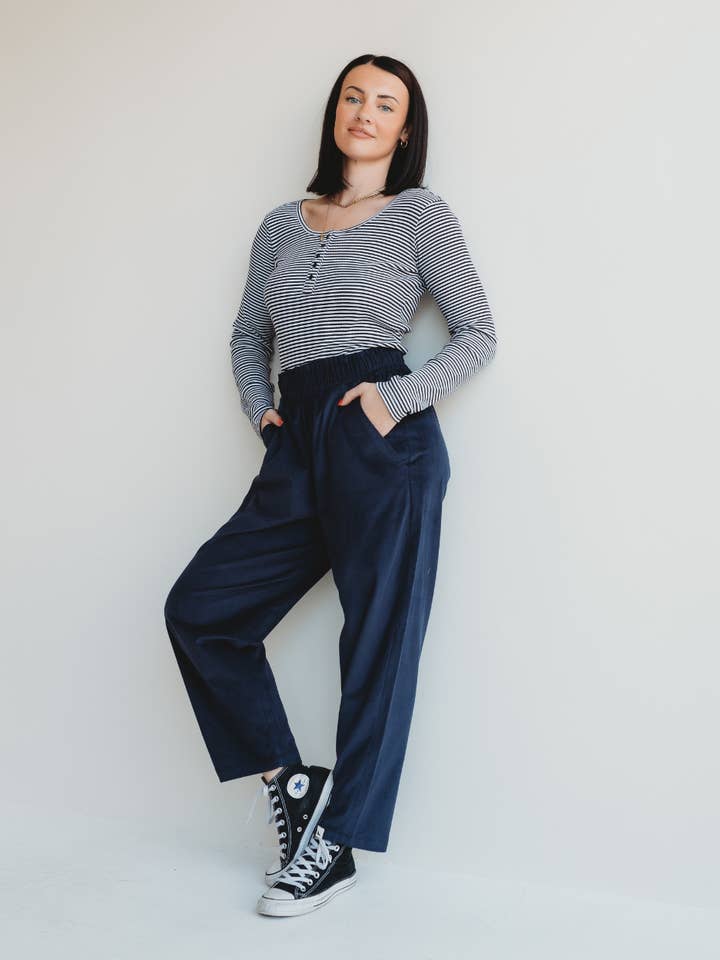 Kate Navy Cord Trousers for wholesale by Turtledove London